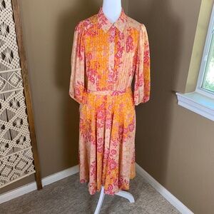 Nanette‎ Lepore Floral Paisley Midi Dress Size 8 Pink Orange Boho Vintage Style